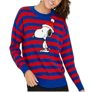 Peanuts Appliquéd Snoopy Striped Holiday Sweater Red/Blue Pullover 
XS Unisex